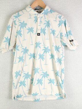 Bad Birdie Polo Mens Medium Beige Green Tropical Palm Trees Golf Preppy
